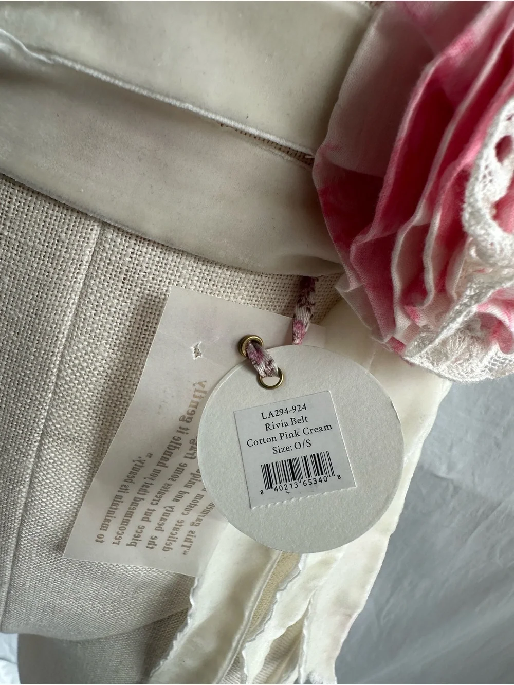 LoveShackFancy Rivia Belt NWT Cotton Pink Cream Rosette O/S